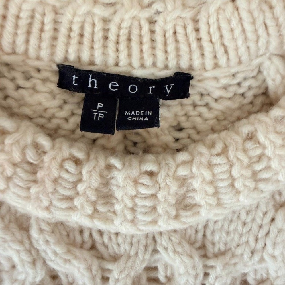 Theory Women Cream Wool Cable Knit Fisherman  Crew‎ Neck Sweater Size P TP Ivory - Picture 2 of 7